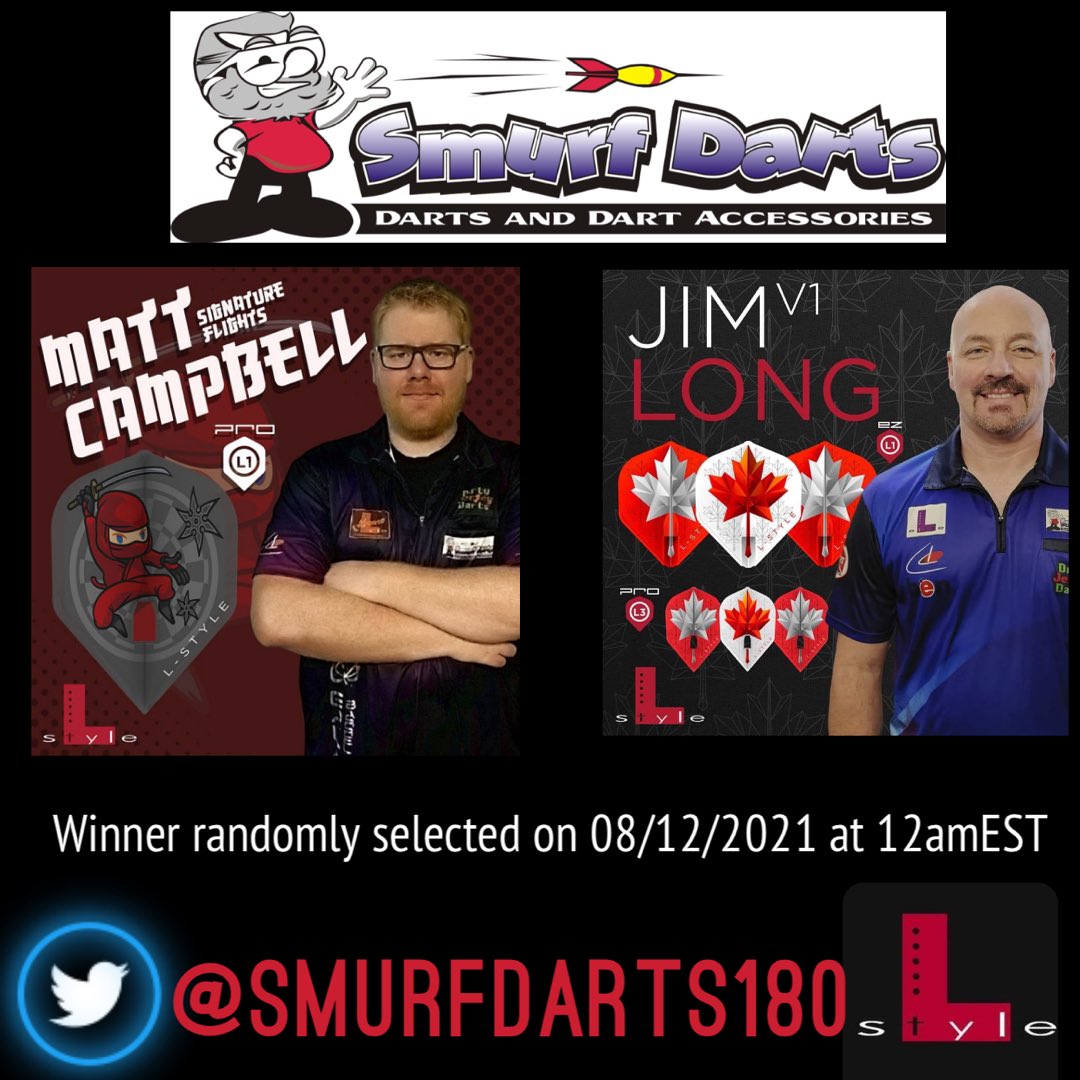 🚨Giveaway Alert🚨
Let’s start our Twitter account right and have a giveaway!
Jim Long and Matt Campbell signature flights!
To enter
🎯Like and Share this Tweet
🎯Follow us <a href="/SmurfDarts180/">Smurf Darts</a> 
Winner randomly selected on 08/12/2021 - 12amEST
@180GinjaNinja 
#smurfdarts #Lstyle
