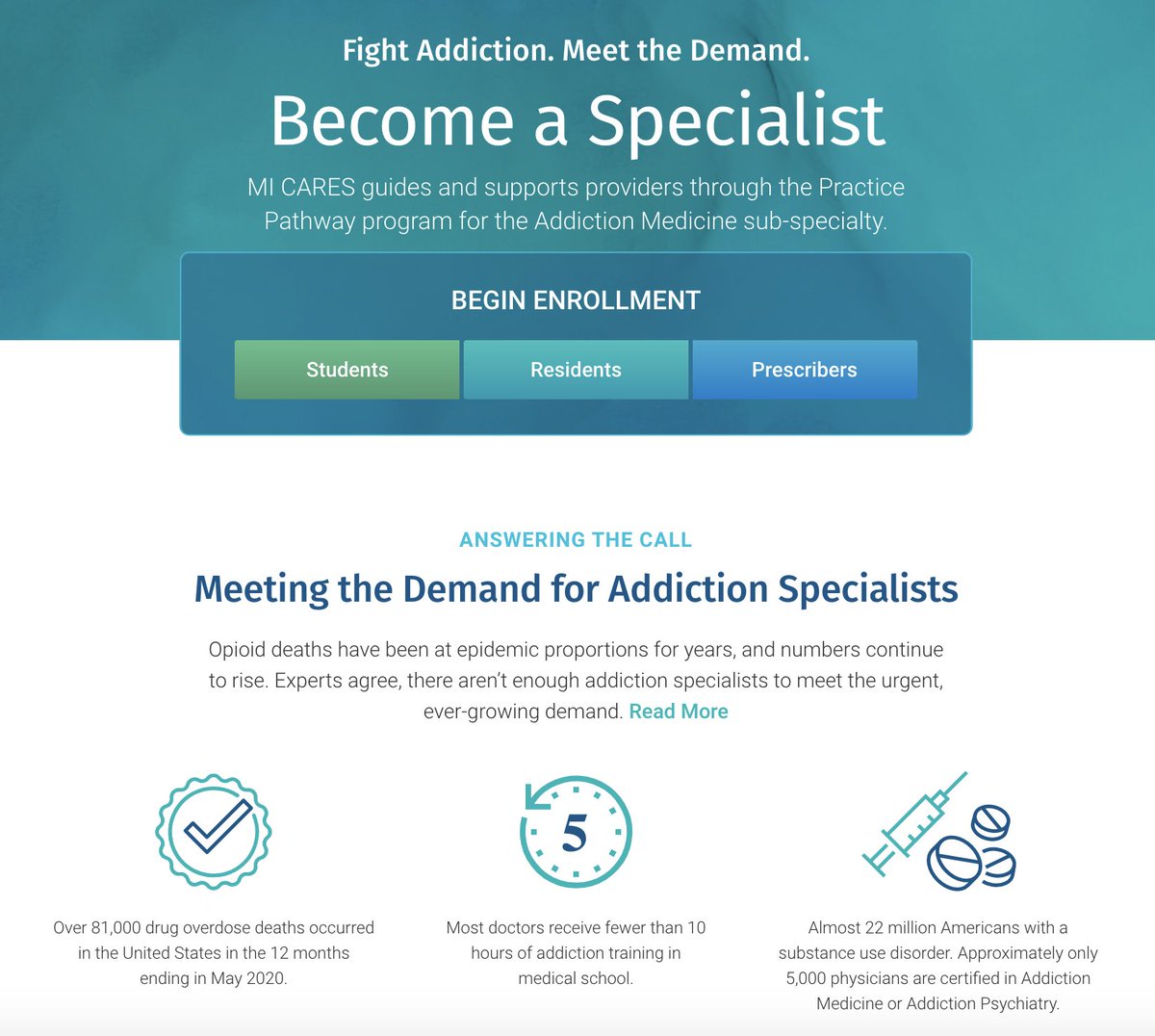 The new MI CARES website is now live and accepting physician enrollments. Thanks to our partners @michiganstateu, @waynestate for coming together to meet the demand for more Addiction Medicine specialists in the workforce. Visit us at: micaresed.org