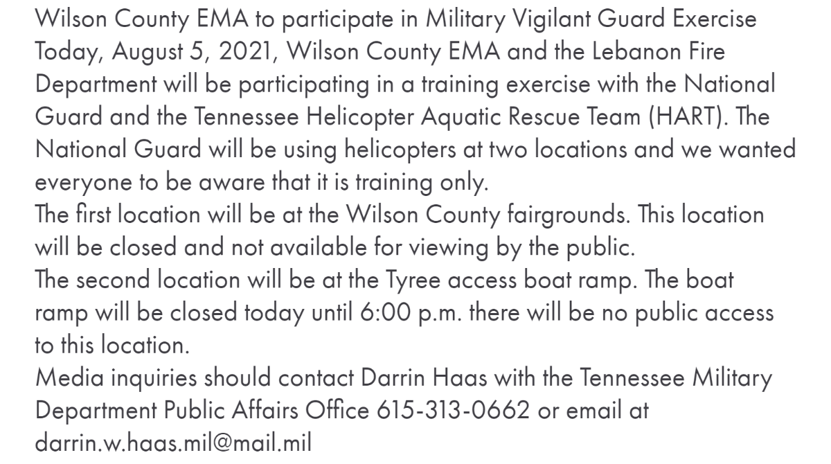 <a href="/wilsonema/">Wilson County EMA</a> &amp; <a href="/LebanonFire/">Lebanon Fire</a>  to participate in Military Vigilant Guard Exercise | Details/Locations: facebook.com/WilsonTNEMA/po… Media inquiries should contact Darrin Haas with the Tennessee Military Department Public Affairs Office (615) 313-0662 or email at darrin.w.haas.mil@mail.mil