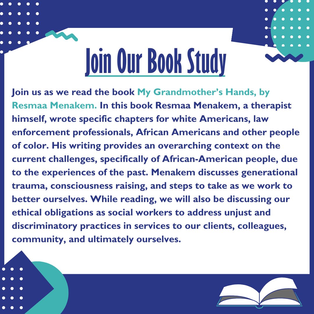 ncscsw's tweet photo. Have you signed up for our book study yet? Don't miss out on this free member benefit &amp; be sure to invite your friends! Non-members can join for only $20! #mygrandmothershands #resmaamenakem #ncscsw #socialwork https://t.co/ClO4tGvXAp