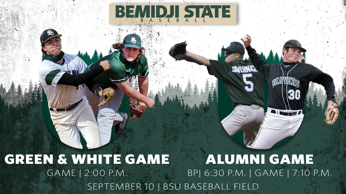 BSUBeaversBase's tweet photo. Mark down Sept. 10 📆

The Green &amp; White and Alumni Games are coming to you from the BSU Baseball Field!

#BeaverTerritory https://t.co/RW4RyBpCpR