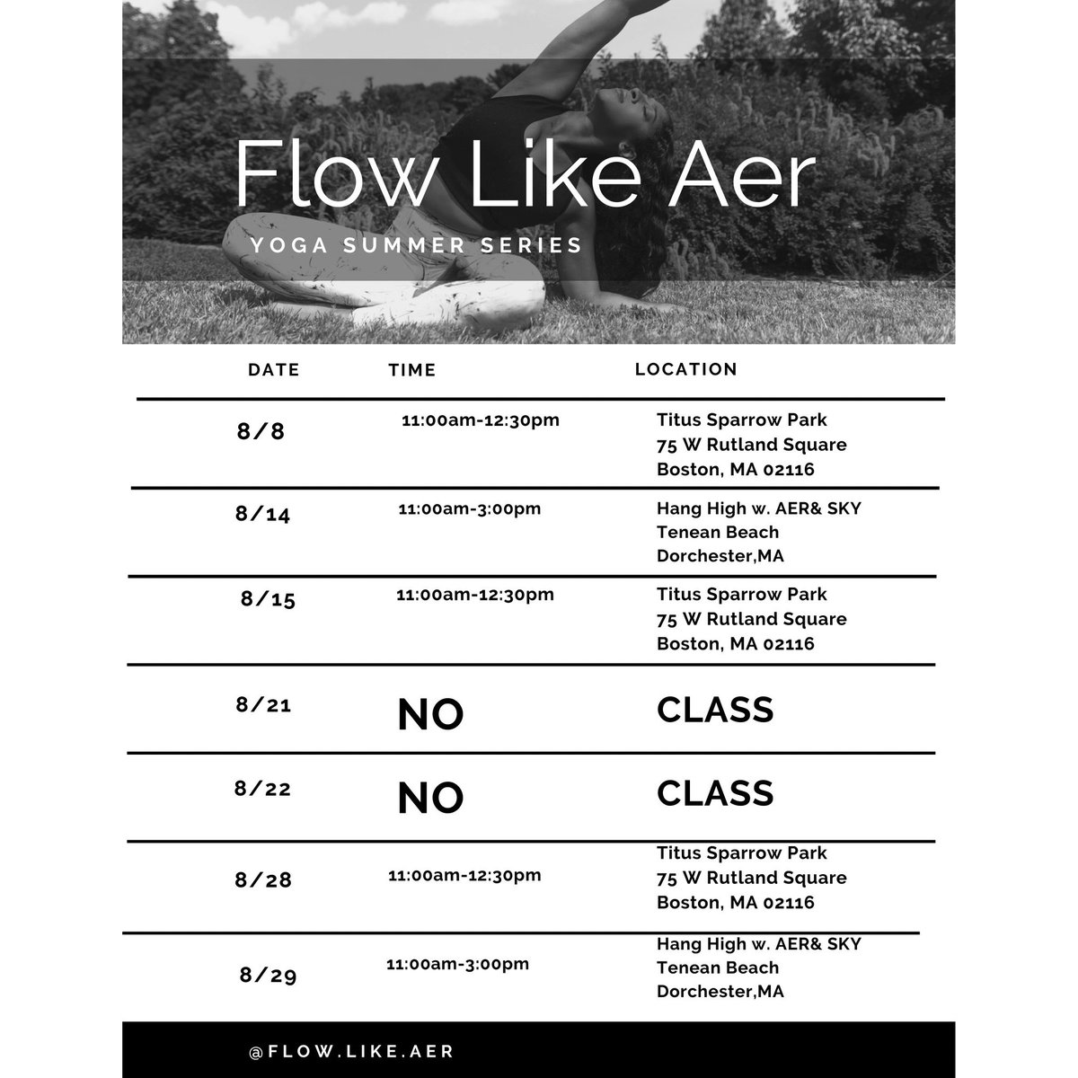 Greetings beautiful beings!!! Please see the provided class schedule for the ‘Flow Like AER Summer Series’ to include special events throughout the month of August✨

For information or  to register or purchase tickets:
Please fell free to reach out via DM✨