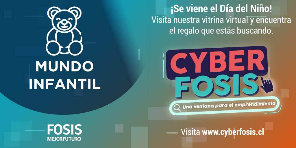 En nuestra sección "Mundo Infantil" 🧸 del #CyberFOSIS, encuentras más de 50 emprendimientos, de todo Chile, con juguetes, accesorios, elementos didácticos para sorprender a niñas y niños en este #DíaDelNiño.⁣
⁣
Entra a [cyberfosis.cl] ⬅
