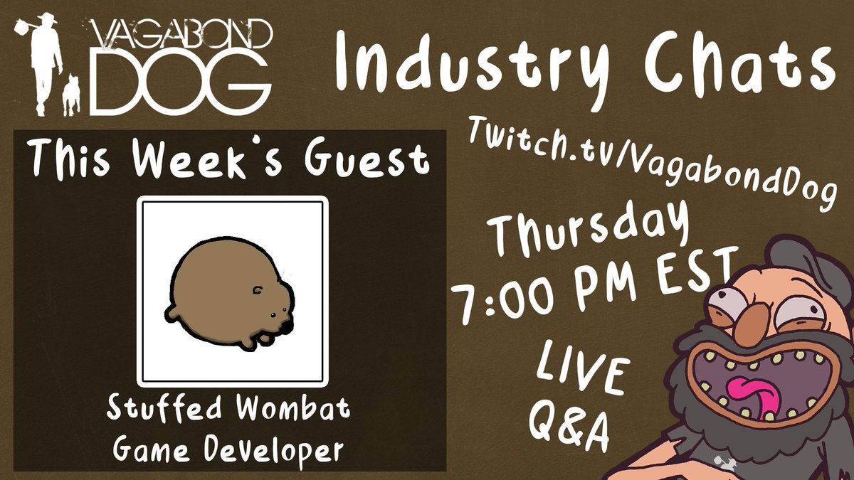 VagabondDog's tweet photo. Going live with @wombatstuff, creator of #qomp and the upcoming #PRODUCER to chit chat about game development, making games and games.
You should join us. Now.
Stream starts 7PM EST
Chat is live now:
https://t.co/9GhZVzTvjD https://t.co/VpqI6IWfat