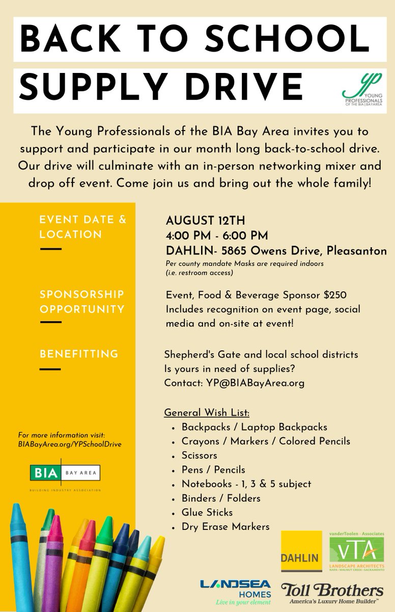 vanderToolen's tweet photo. vTA is proud to be a sponsor of the BIA Bay Area’s Young Professionals Back to School Supply Drive. Please share and help collect back to school essentials benefiting Shepherd’s Gate and other local school districts in need!
#giveback #BIA #BIABayArea #youngprofessionals https://t.co/RdGUtICJ4v