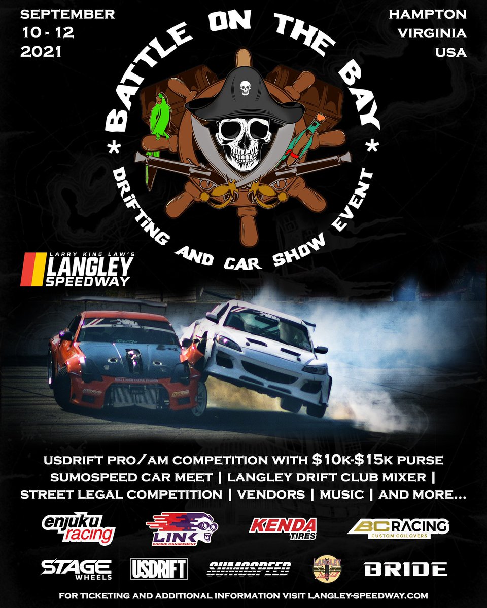 U.S.D R I F T (@usdrift) on Twitter photo Who’s ready for this year’s “Battle on the Bay” event at <a href="/langleyspeedway/">Langley Speedway</a> with our friends at <a href="/sumospeed/">sumo kumar das</a> and @langleydriftclub?
3 days of automotive fun including the USD Shoot-Out! presented by <a href="/link_ecu/">Link Engine Management</a>, Sumospeed Showcase Car Show, Langley Drift Club Mixer, USD Street Legal Who’s ready for this year’s “Battle on the Bay” event at <a href="/langleyspeedway/">Langley Speedway</a> with our friends at <a href="/sumospeed/">sumo kumar das</a> and @langleydriftclub?
3 days of automotive fun including the USD Shoot-Out! presented by <a href="/link_ecu/">Link Engine Management</a>, Sumospeed Showcase Car Show, Langley Drift Club Mixer, USD Street Legal