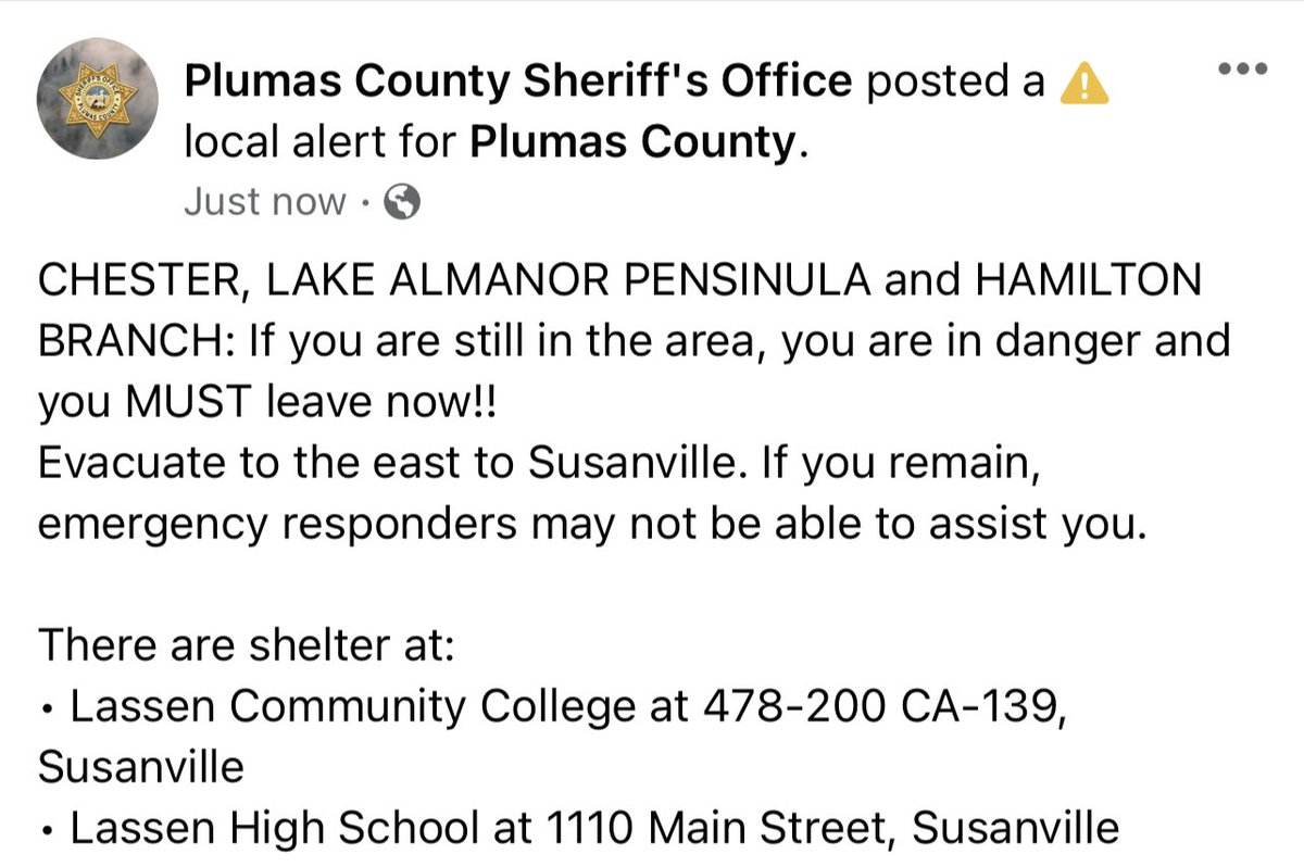 barkflight's tweet photo. URGENT — If you are in Chester, Lake Almanor Peninsula, or Hamilton Branch, you need to LEAVE NOW. 🥲🚨🚨🚨 If you don’t, you may be on your own. Go to Susanville. 

#DixieFire https://t.co/5mGFfgqiF2