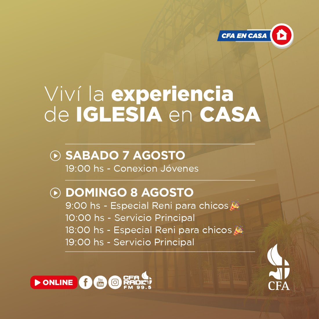 IglesiaCFA's tweet photo. ๐๐กPrepรกrate para un #FindeSemana disfrutando en la presencia del Seรฑor.
ยกRecordรก compartir el link con un amigo!
โก๏ธ https://t.co/1YMzUfH2ky
#CongregateOnline #ServicioPresencial #IglesiaCFA #CFAenCasa https://t.co/iImZ5pjn6b