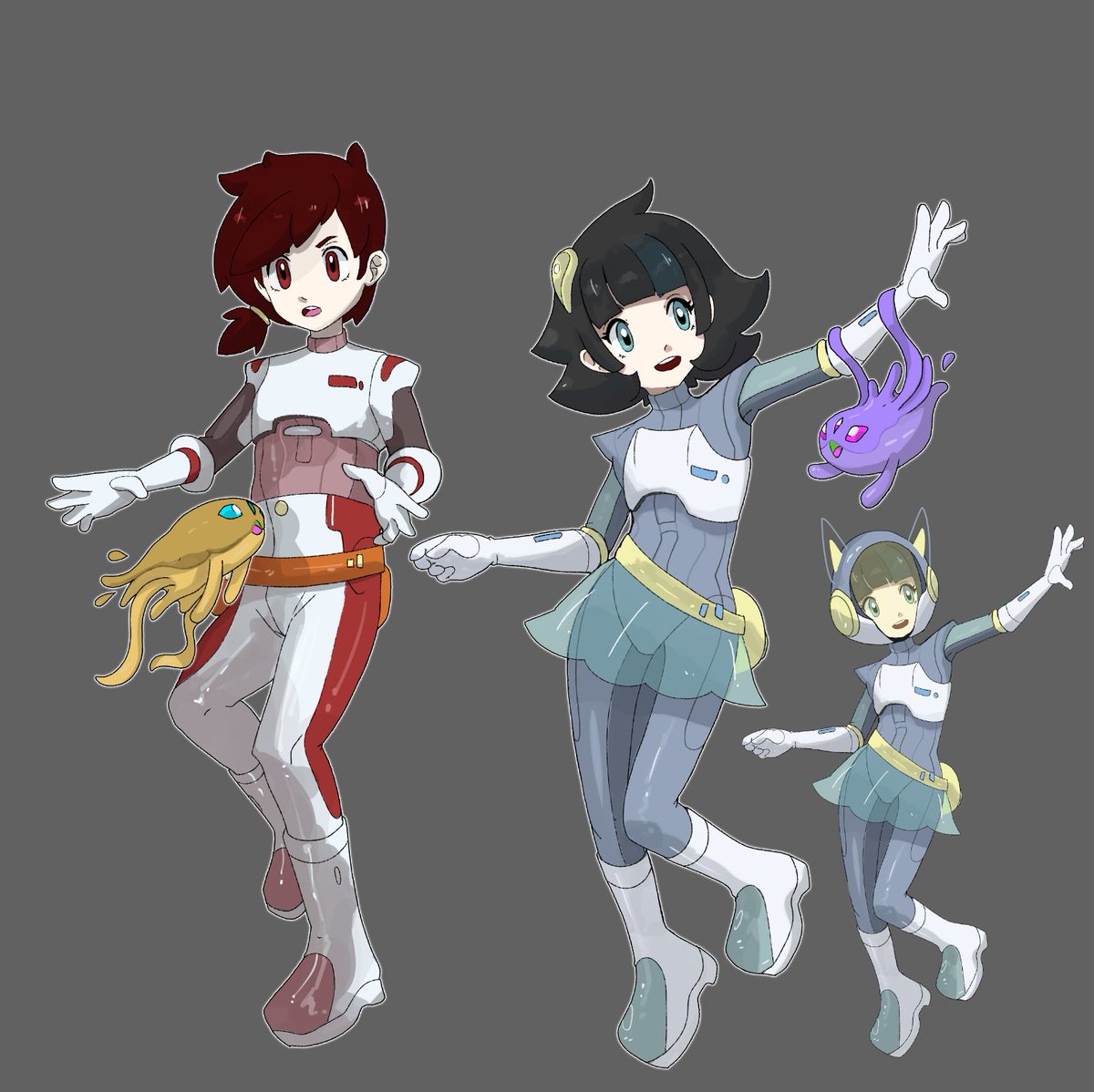 Zyralynn_art's tweet photo. I discovered that I LOVE drawing Pokémon artstyle and I decided to build my own #Fakemon universe.
Here I show you #NewAtmosphere, a little project I will be drawing for fun. So here they are, the main characters: Colonizers of a new planet! And a little friend. https://t.co/IaUr5CQJux