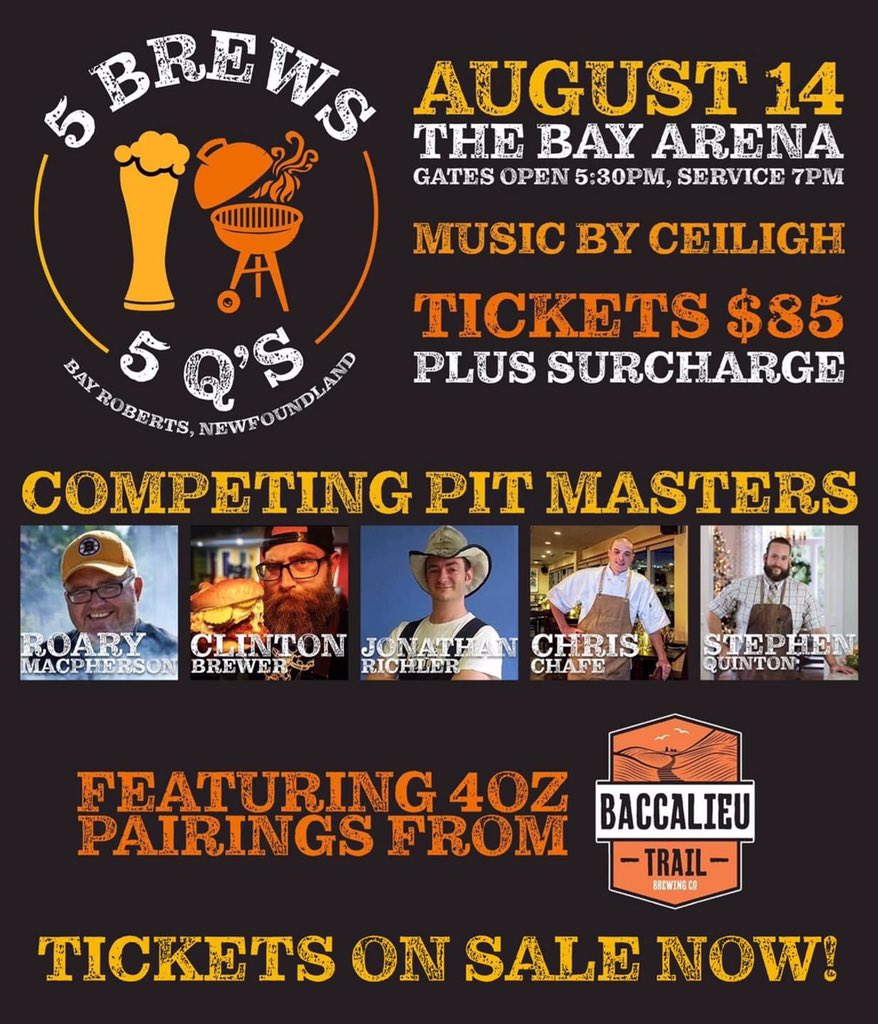 Tickets are on sale NOW for #5Brews5Qs 🍺🔥! Join us for the best BBQ competition &amp; brews in the province on August 14. 

🎟 Tickets are $85 plus surcharge, get them here: bayroberts.eventbrite.com!

#BayRoberts.