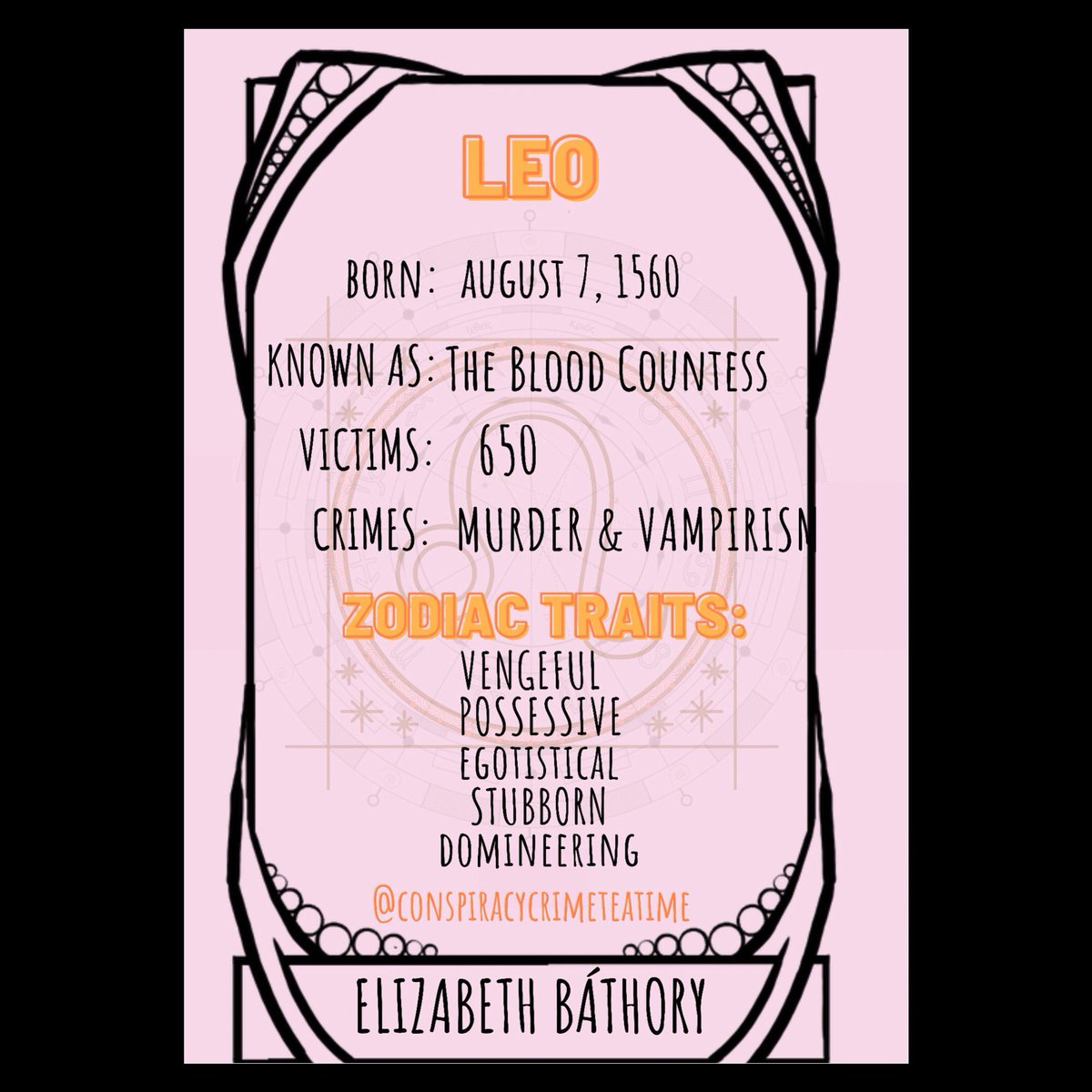 ccttime's tweet photo. ✨AUGUST SERIAL KILLER ZODIAC✨Countess Elizabeth Báthory is one of the most prolific female serial killers.
She is said to have murdered at least 650 young women to bathe in their blood. She believed the blood of a virgin would help her retain her youth and beauty https://t.co/osE7D13hkK