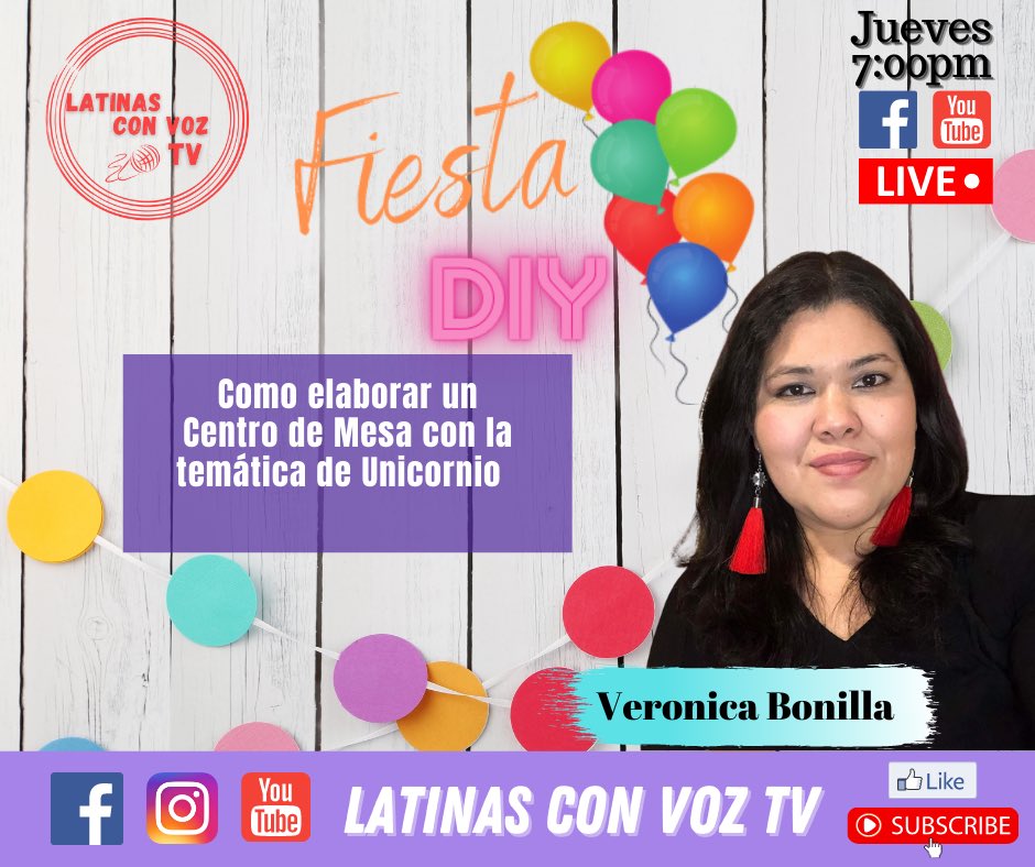 latinasconvoztv's tweet photo. Hoy y todos los jueves acompáñanos  a realizar una linda decoración en Fiesta DIY
Aprenderemos a elaborar un centro de Mesa de #unicornio 🦄 

 7:00 pm EST 
 4:00 pm PST

No te lo pierdas! 

#fiestadiy #decor #partyideas #girls #latinasconvoztv https://t.co/UuteNJs6NU