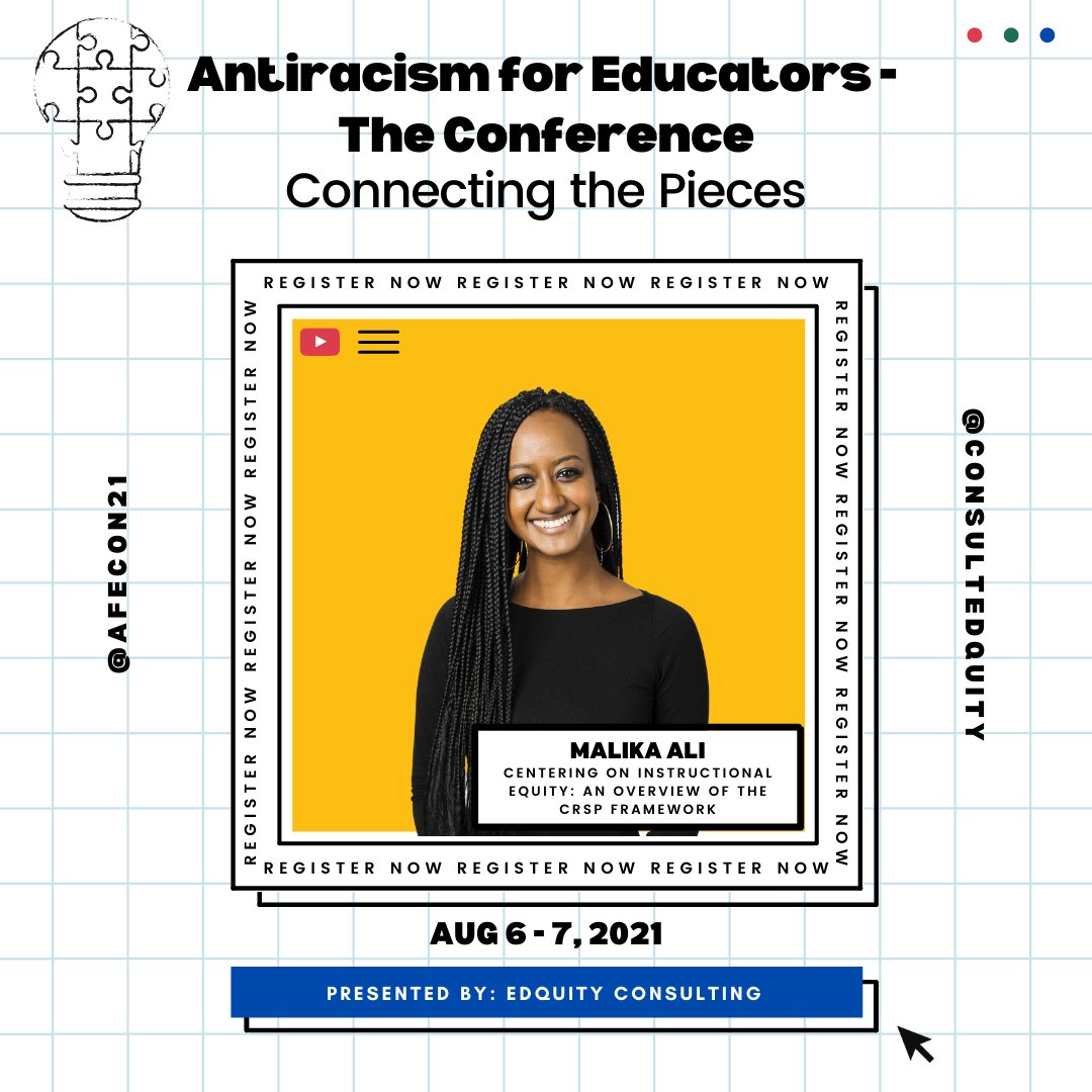 Don't miss the chance to hear from <a href="/Malika_Ali/">Malika Ali</a> tomorrow &amp; Saturday at #AFECon21 from @ConsultEDquity! Watch her session to learn more about our Culturally Responsive &amp; Sustaining Pedagogy Framework &amp; explore key classroom strategies. Sign up at afecon21.com/products/regis…