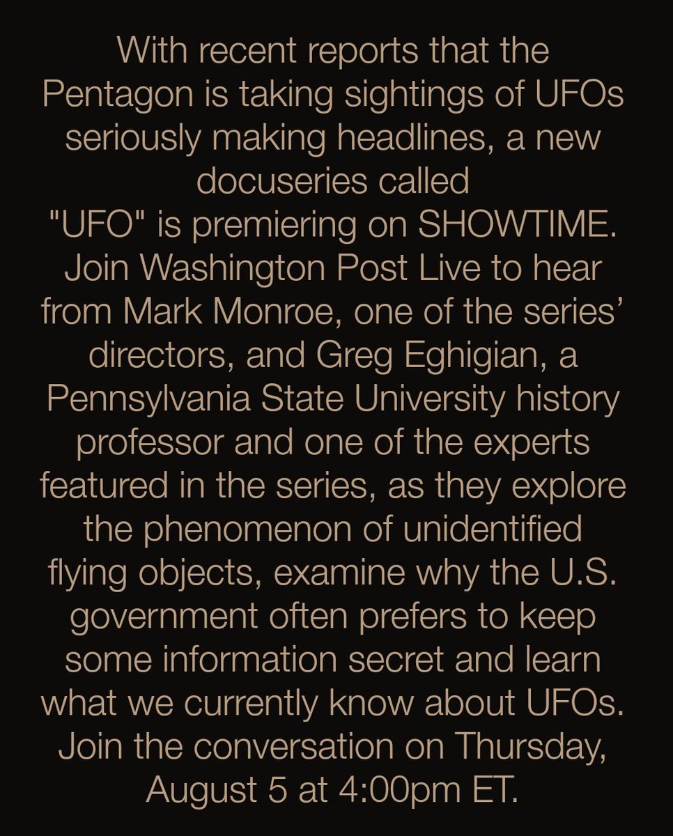 MarianRudnyk's tweet photo. .#UFO 📺#TV Alert:

✨#JJAbrams new "UFO" 🛸 debuts 8/8 on @Showtime

✨#GregEghigian (@penn_state Professor of #History) talks with Dir/ExecProd #MarkMonroe about it TODAY:

✨8/5,Th, 1pPT/ 4pET

Also streaming: https://t.co/EHjhXbqUHD

#space #uap #astronomy
#NASA #ufotwitter https://t.co/67IwxRymBY
