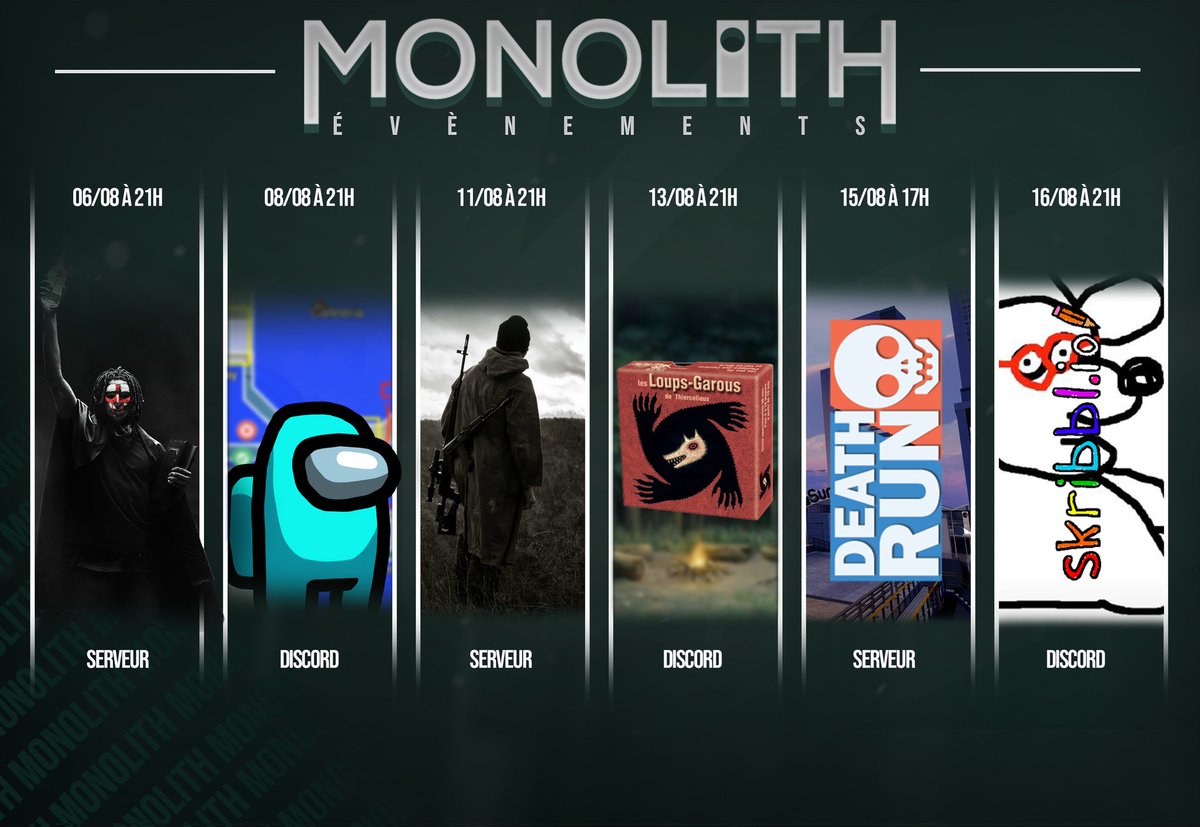 FranceMonolith's tweet photo. Un programme bien chargé pour le début du mois d'août 🤭 

➡️ Rendez-vous sur MonolithFrance 🇲🇫

Discord: https://t.co/o8y5JzL9Ef

#events #gmod #MonolithFrance https://t.co/3GO0ov42Gv