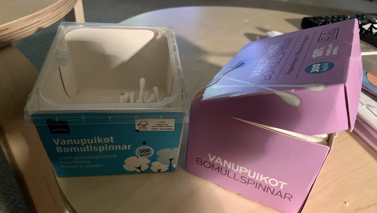 Vuosien mittaan niin tuote kuin #pakkaus on kehittynyt lähes huomaamatta: 1. Muovipakkaus ja -varsi-> 2. Paperivarsi, rasia pahvia, kansi muovia -> 3. Paperivarsi &amp; pahvipakkaus ⁦<a href="/sryhma/">S-ryhmä</a>⁩ #vastuullisuus ⁦#FSC #kauppareissu
