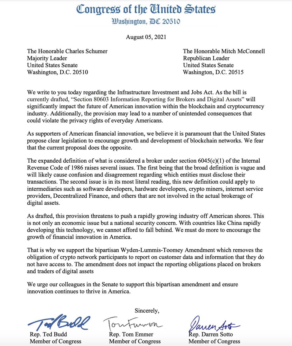 I joined @RepTedBudd and @RepTomEmmer to support bipartisan senate  amendment to fix #cryptocurrency tax reforms in Bipartisan Infrastructure  Package. We will continue to push for American #Crypto innovation!
