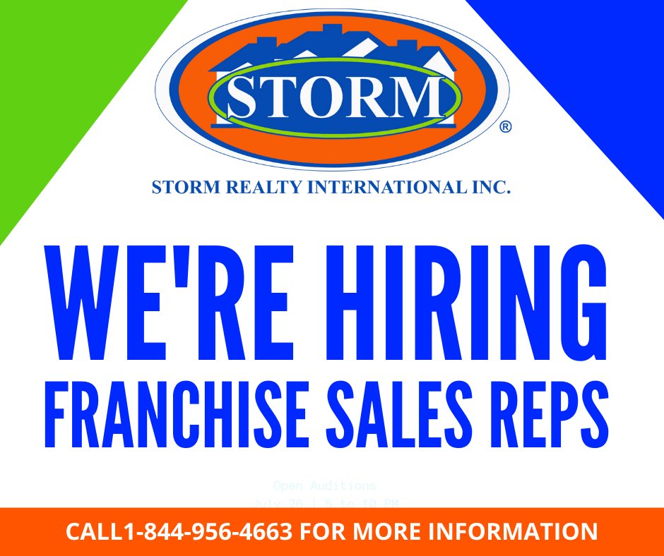 StormRealtyInt's tweet image. Do you like talking to people? Storm Realty is looking to hire 25 Franchise Sales Reps. Storm Realty is franchising in 30 States in the US and all throughout Canada.  This is a great opportunity! For more information please call 1-844-956-4663 or send us a private message.
#Storm