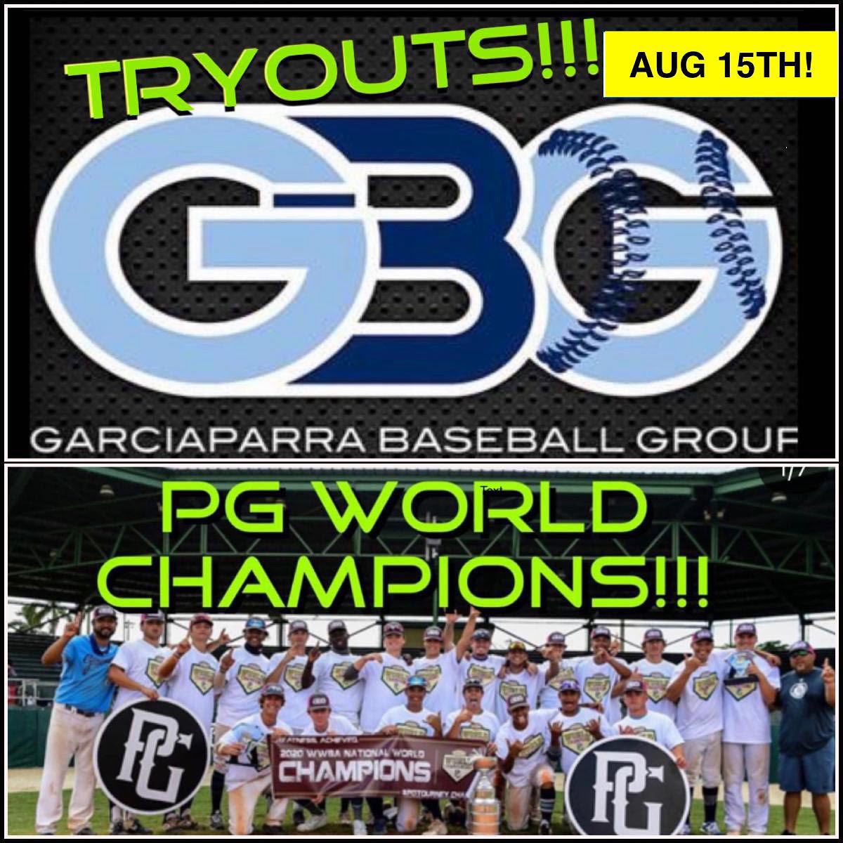 Tryouts Please RT!
2021 Fall Tryouts for 2020 World Champions GBG! 
GBG in 8 Yrs:
650+ College Commits 
138 Players Drafted by MLB teams 
Multiple National Championships  
Grad yrs of 2025, 2024, 2023, &amp; 2022
Aug 15th St. John Bosco HS
Sign up GarciaparraBaseball.com