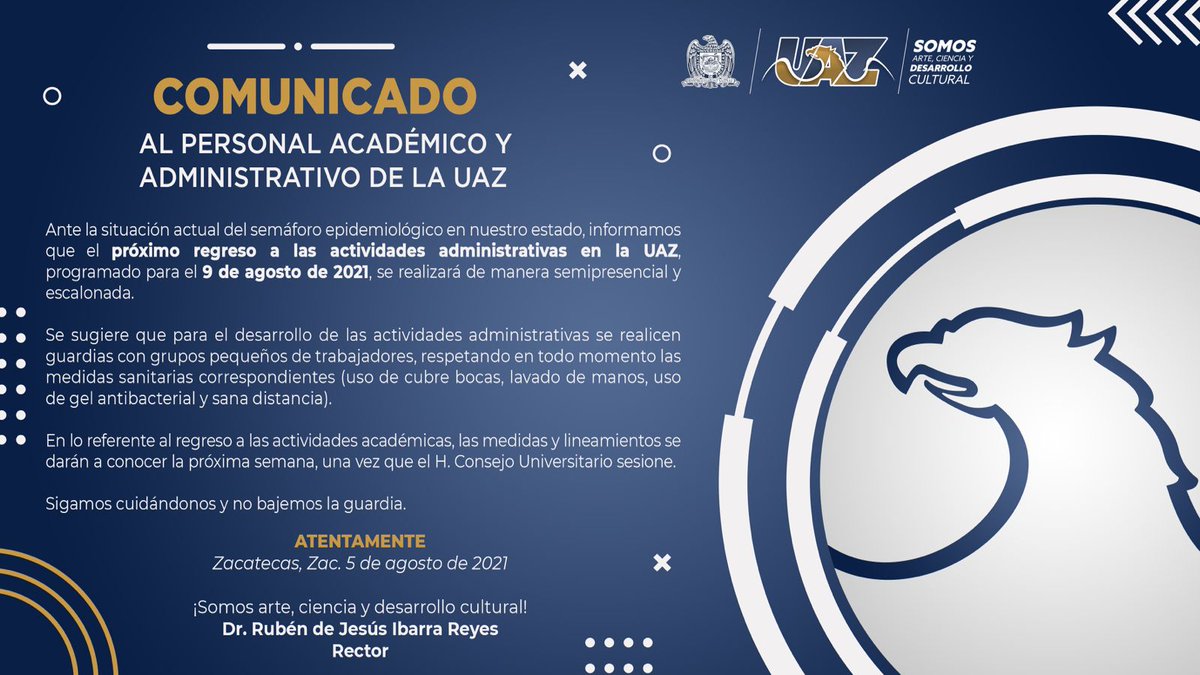 NotiUAZ's tweet photo. Comunicado a la comunidad universitaria sobre el regreso a las actividades administrativas. 

#SomosUAZ
#JuntosNosCuidamos https://t.co/XXTTJBv6iS