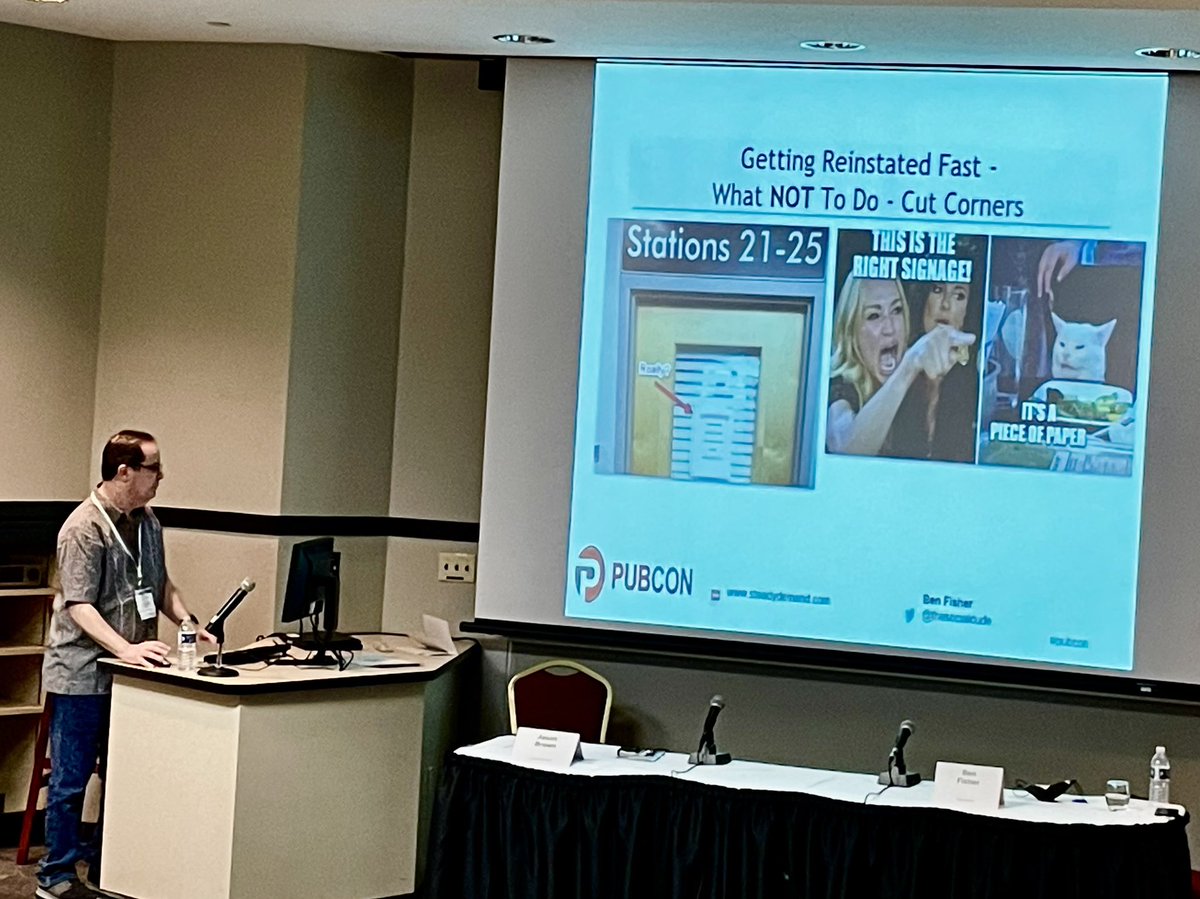 w2scott's tweet photo. This slide from @TheSocialDude almost caused a spit-take.
A piece of paper held on with tape is not *signage*!
#Pubcon #localseo #GMB #mapspam https://t.co/EE2nrrcDCM