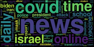 mymediacloud's tweet photo. Today's (Thursday, 05 August 2021) word cloud built from the titles of 9923 news articles. #GDELT https://t.co/uwzGxeM9Dh