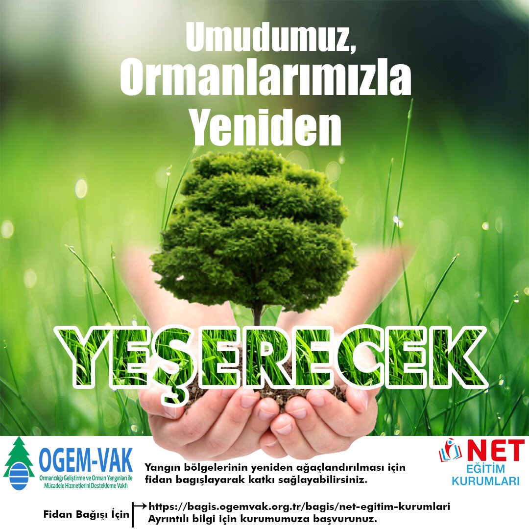 net_egitim's tweet photo. NET Eğitim Kurumları ve @ogemvak işbirliğiyle yangın bölgelerini yeniden ağaçlandırıyoruz. Haydi ormanda senin de bir ağacın olsun.  
🌐➡️ https://t.co/XDvC9bXCRU linkinden bağış yaparak e-sertifikanıza ulaşabilirsiniz. 
#YenidenYesertecegiz https://t.co/X7mk7qXX69