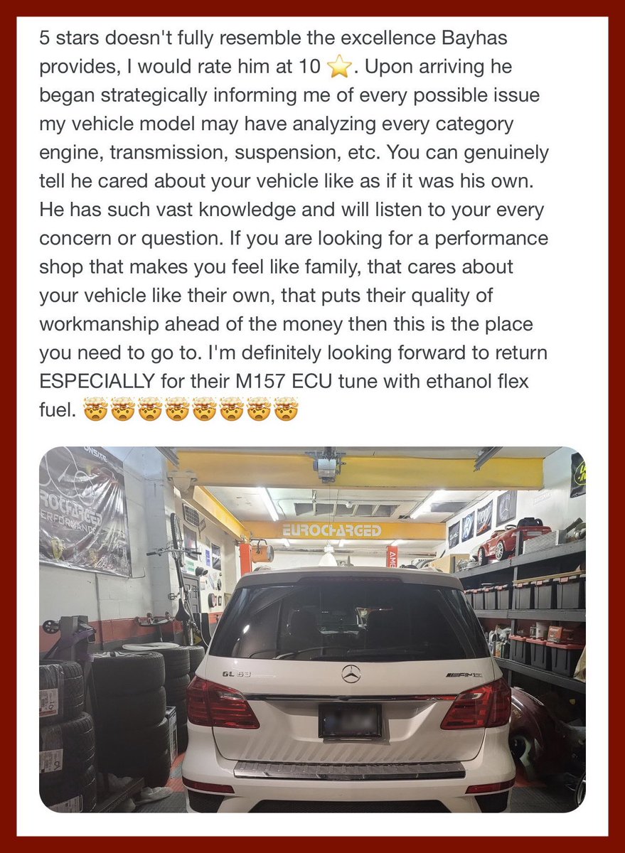 EurochargedB's tweet photo. We love hearing great feedback from our happy customers in our Google and Facebook reviews- thanks for choosing Eurocharged Boston! 

#eurochargedboston #eurocharged #eurochargedperformance #tuner #mercedes #mercedesbenz  #amg #mercedesgl #m157 #flexfuel #gl63amg #mercedesamg https://t.co/9oWWV6FHcz