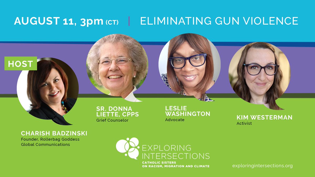 RSCJUSC's tweet photo. Don’t miss this month’s episode of Exploring Intersections, as panelists discuss the intersection of gun violence, racism, migration and climate change. Register for our August 11 episode or learn more at https://t.co/0tszvpYeyG.
#ExploringIntersections #CatholicSisters https://t.co/sTj8TLjbGP