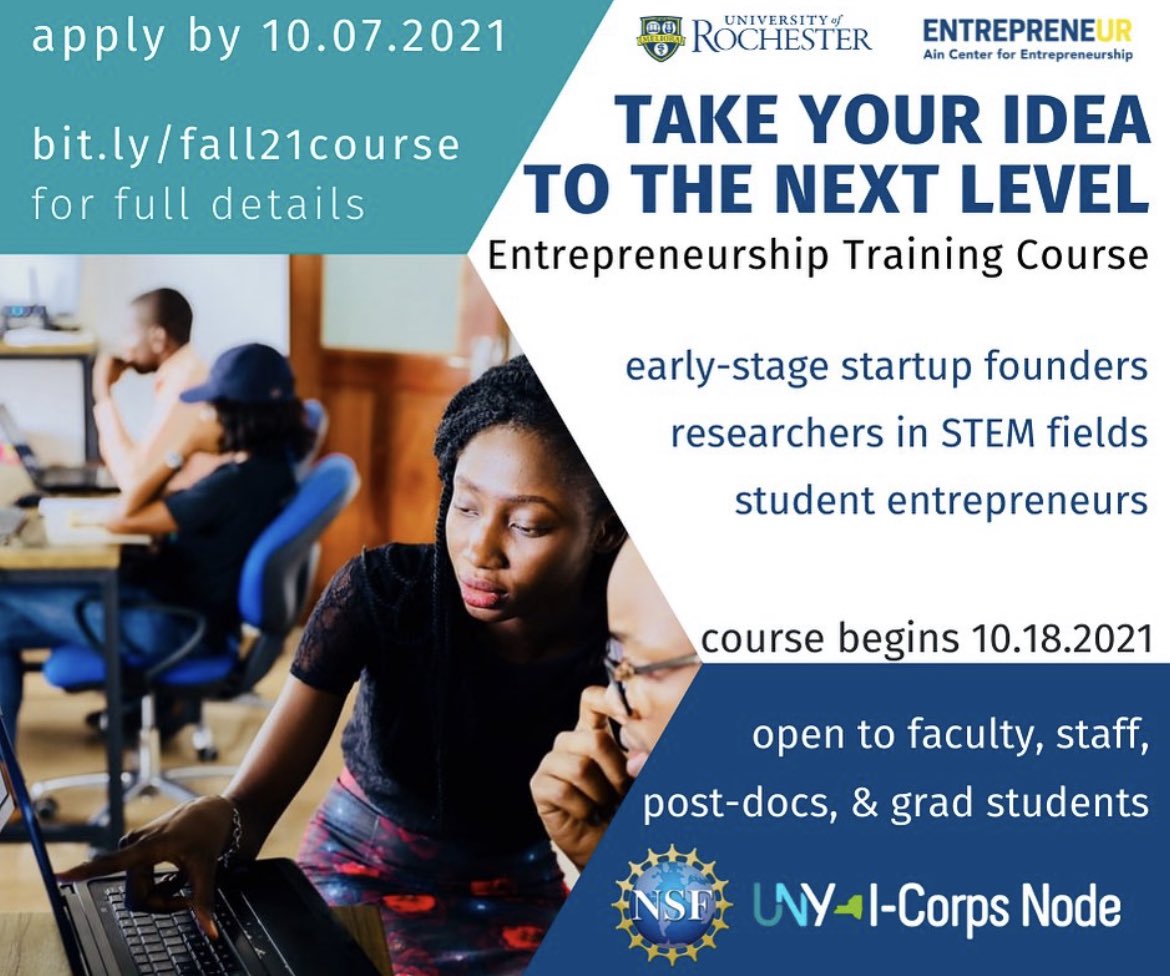 Did you know that we partner with NSF and I-Corps to provide an Entrepreneurship Training Course?

Applications are now open. A full set of details can be found at bit.ly/fall21course.

We start on October 18. Apply by October 7!