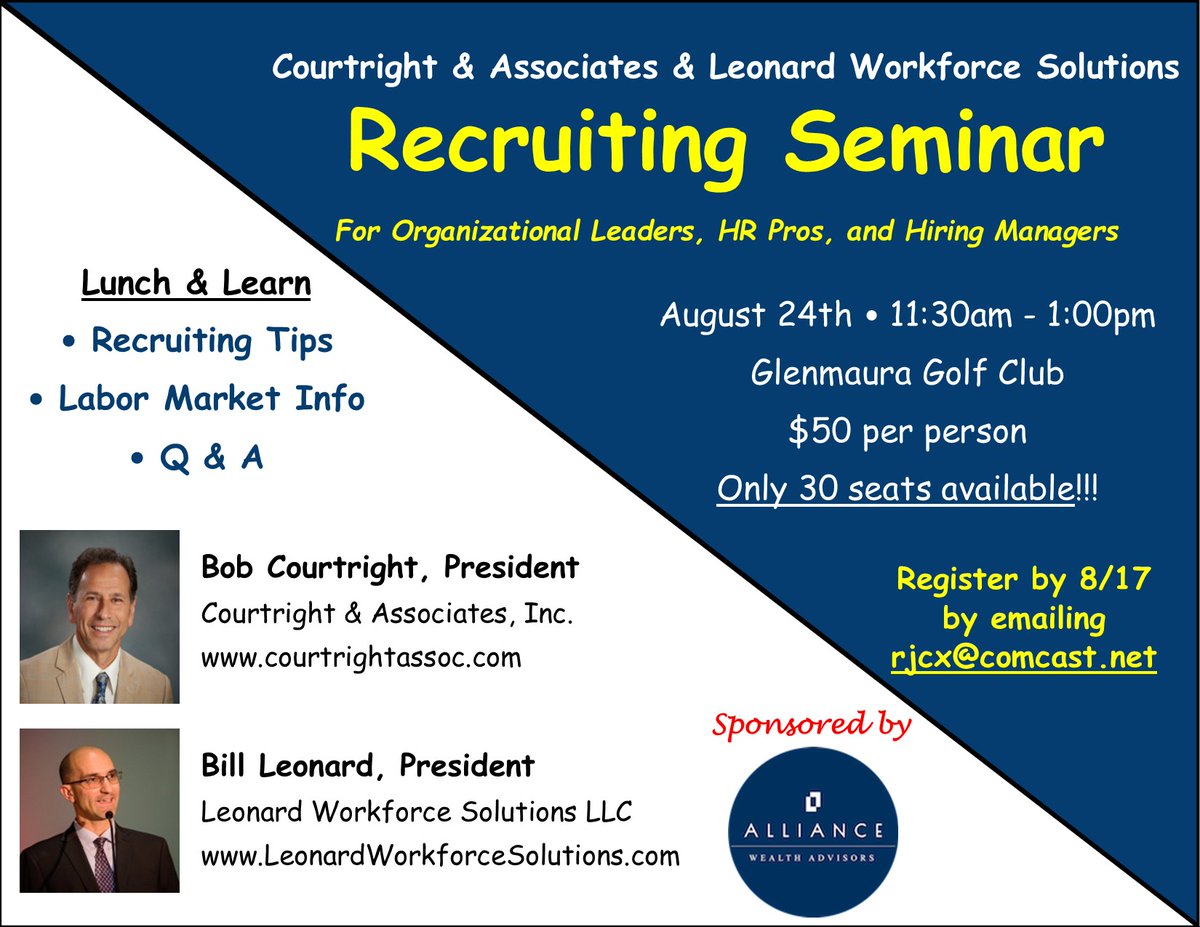 Recruiting Seminar.  Seating is limited.  How can you win in this competitive environment?  We'll give you the tools you need to succeed.  
<a href="/AllianceRIA/">Alliance Wealth Advisors</a> <a href="/thebillleonard/">Bill Leonard</a> 
#whatdoesbobknow #intentionalnetworking #networking #recruiting #recruitingtips