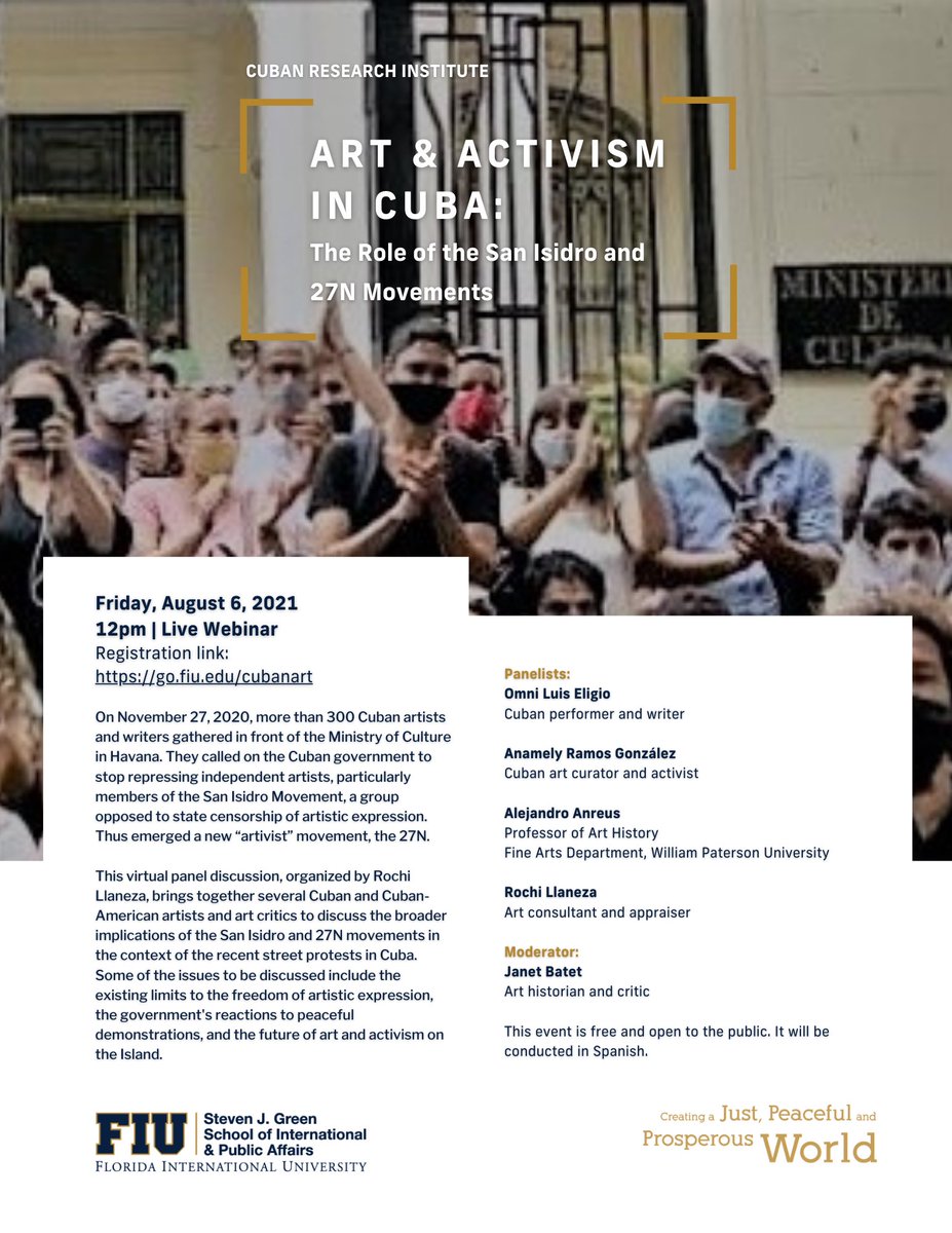 ArttableFl's tweet photo. Join our FL chapter chair @rochillaneza tomorrow @fiucri 
Are you familiar with the San Isidro and 27N movements in Cuba? Learn more about them during our virtual panel discussion tomorrow 12 PM. @ProactivoM @jbatet @AnamelyRamos Register for free at https://t.co/O53IE1HoBP https://t.co/GSOZKIJbNJ