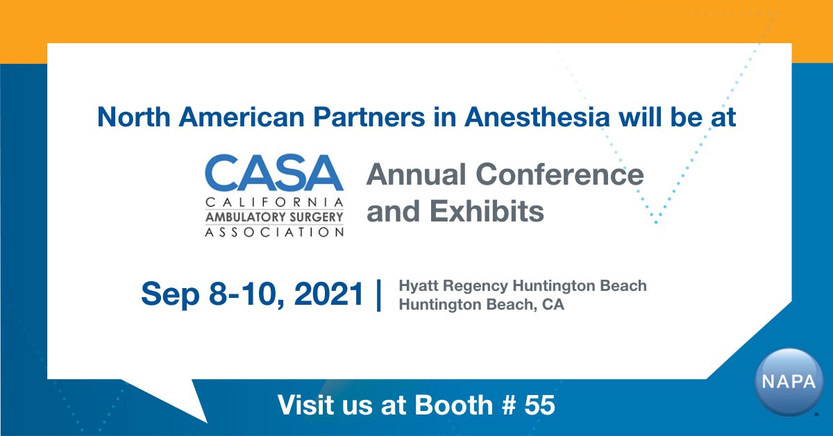 NAPAanesthesia's tweet photo. We will be at the @CASA_ASC_Assn Annual Conference & Exhibits. Visit us at Booth 55 to hear what we have to offer and enter for your chance to win great prizes! #NAPAanesthesia #AnesthesiaServices #CASACon21 #PatienstFirst #PartnersAlways https://t.co/OdT5OPhH3M