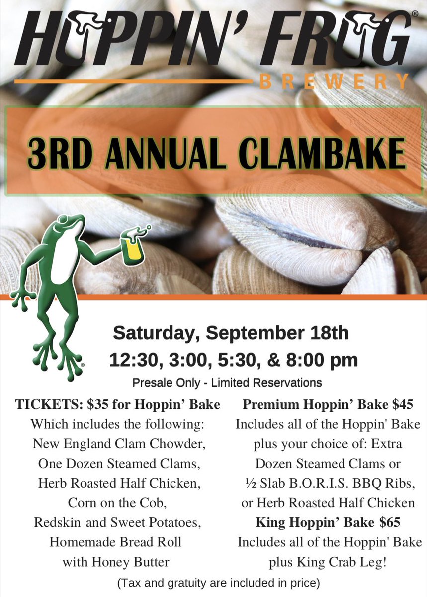 Come join us for our 3rd Annual Clambake on Saturday, September 18th! Tickets are presale only and available at  hoppinfrogbrewery.hrpos.heartland.us/menu  We are offering 4 sessions for your convenience: 12:30 PM, 3 PM, 5:30 PM, and 8 PM.  #hoppinfrogbrewery #ohiocraftbeer #akronbeer #clambake