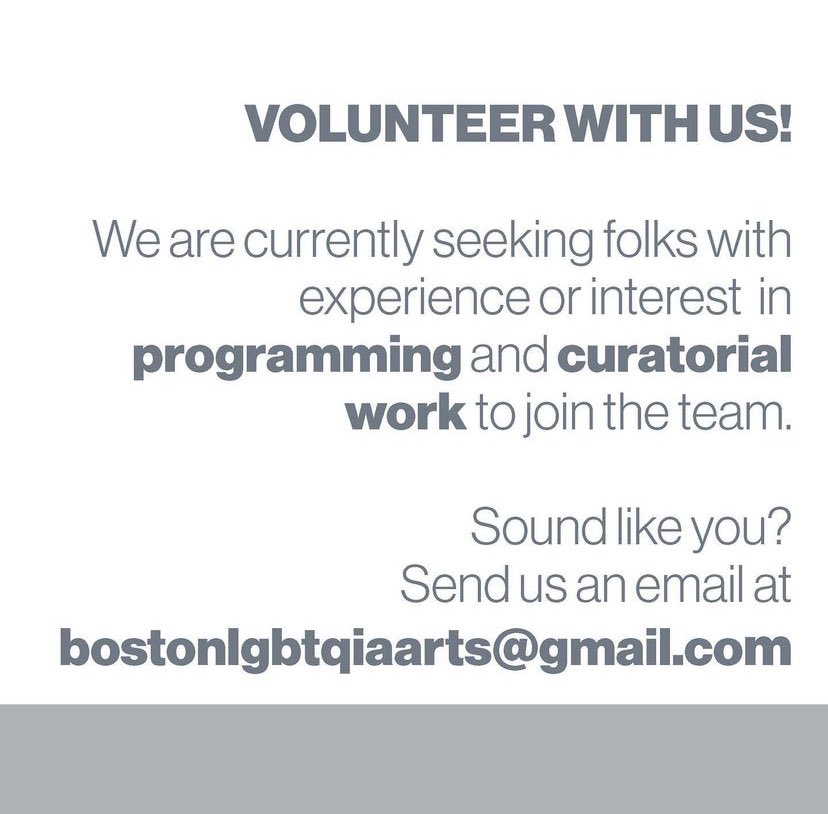 BOSLGBTQIA_ARTS's tweet photo. 📢 Volunteer with us! BLAA is currently seeking folks with experience or interest in programming and curatorial work to join the team. Sound like you? Send us an email at bostonlgbtqiaarts@gmail.com or by clicking the contact link on our profile. https://t.co/HpdmJWfgOA