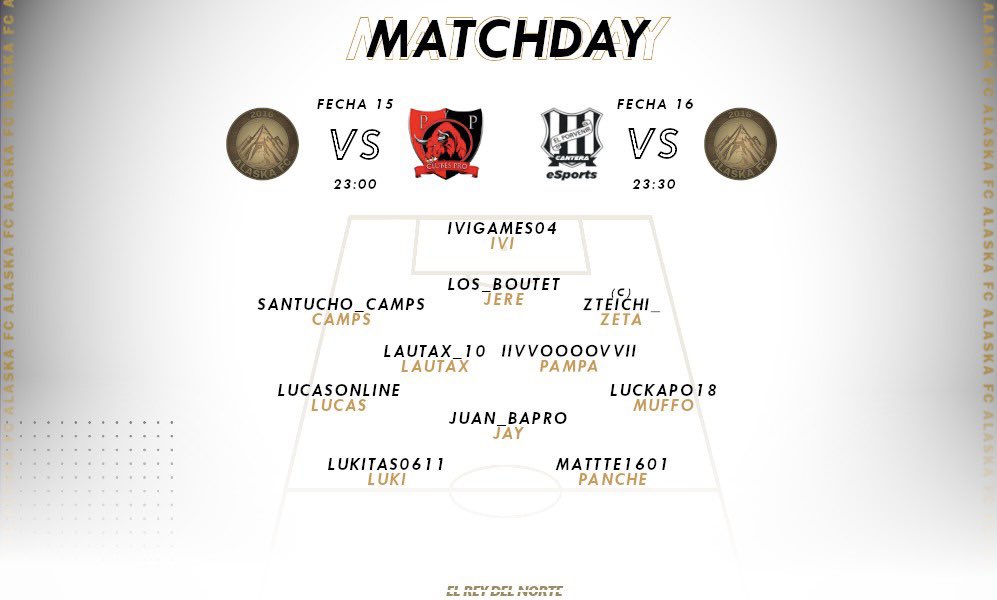 🗒| #MATCHDAY 

Equipo confirmado para enfrentar la última recta del torneo.
Hoy, desde las 23hs, rueda la redonda y salimos a comernos la cancha. 

23:00 hs 🆚 <a href="/ProdeYPlayFC/">Prode & Play FC</a> 
23:30 hs 🆚 <a href="/elporveesports/">El Porvenir eSports</a> 

#ElReyDelNorte ❄️