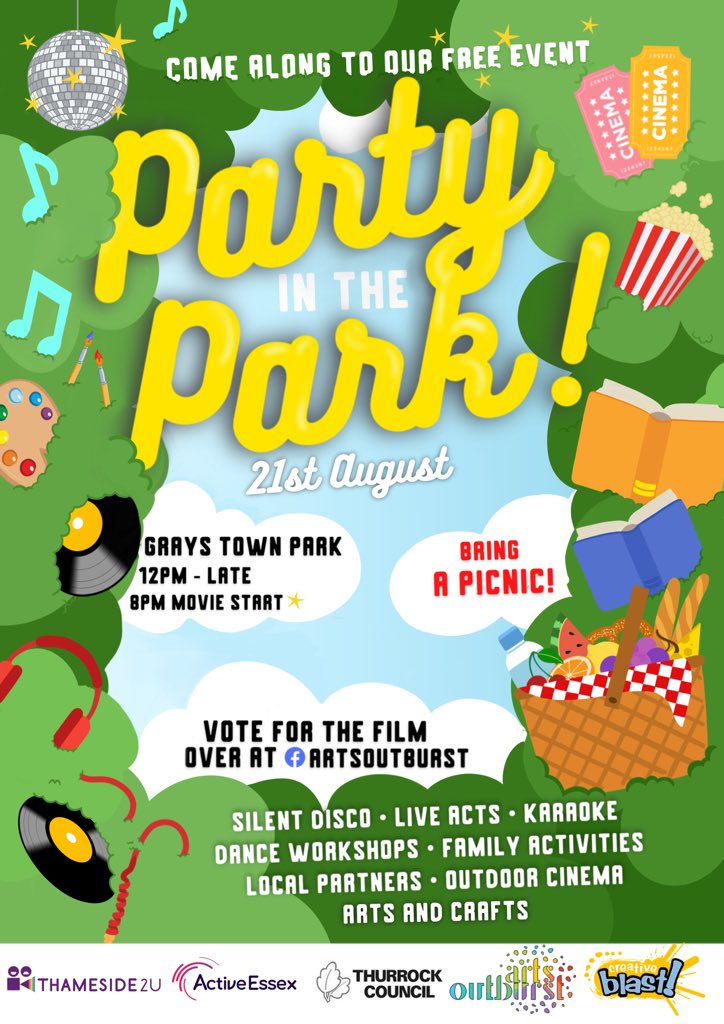 ArtsOutburst's tweet photo. We’re throwing a #partyinthepark on the 21st August! It’s FREE and you are all invited! #grays #thurrock #essex #arts #culture #film #performance #festival @TheThameside @thurrockcouncil @Thurrockcvs https://t.co/KgYPGcZGgU