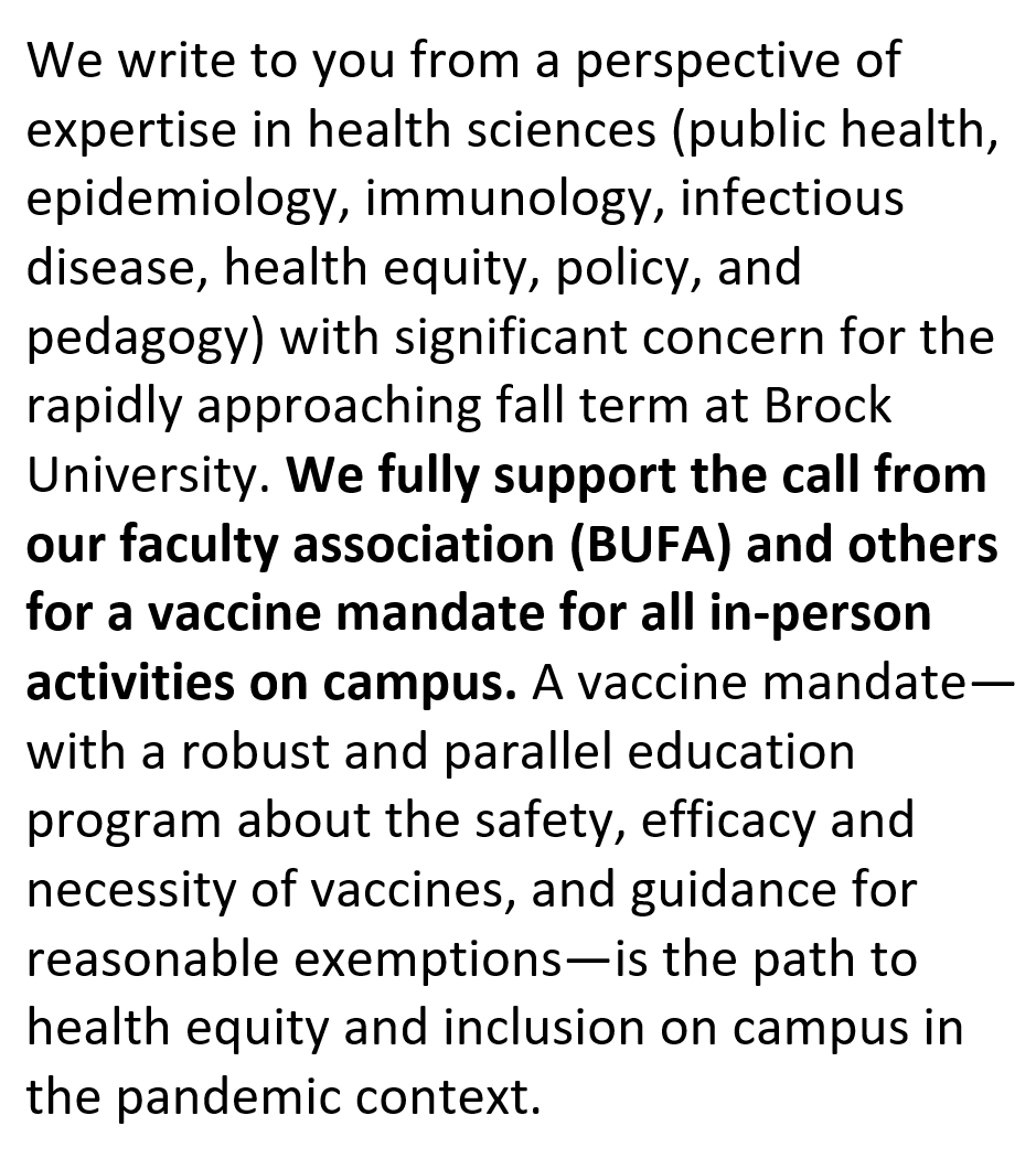 adamjmacneil's tweet photo. Proud to stand with @BUFABrock and 45 of my health research colleagues urging @BrockUniversity to adopt a #VaccineMandate this fall.
Students, staff, faculty & community partners, please read the Letter linked and add your name if you agree. #COVID19
https://t.co/9pr0yZ1tk3 https://t.co/nlRyd01jYY