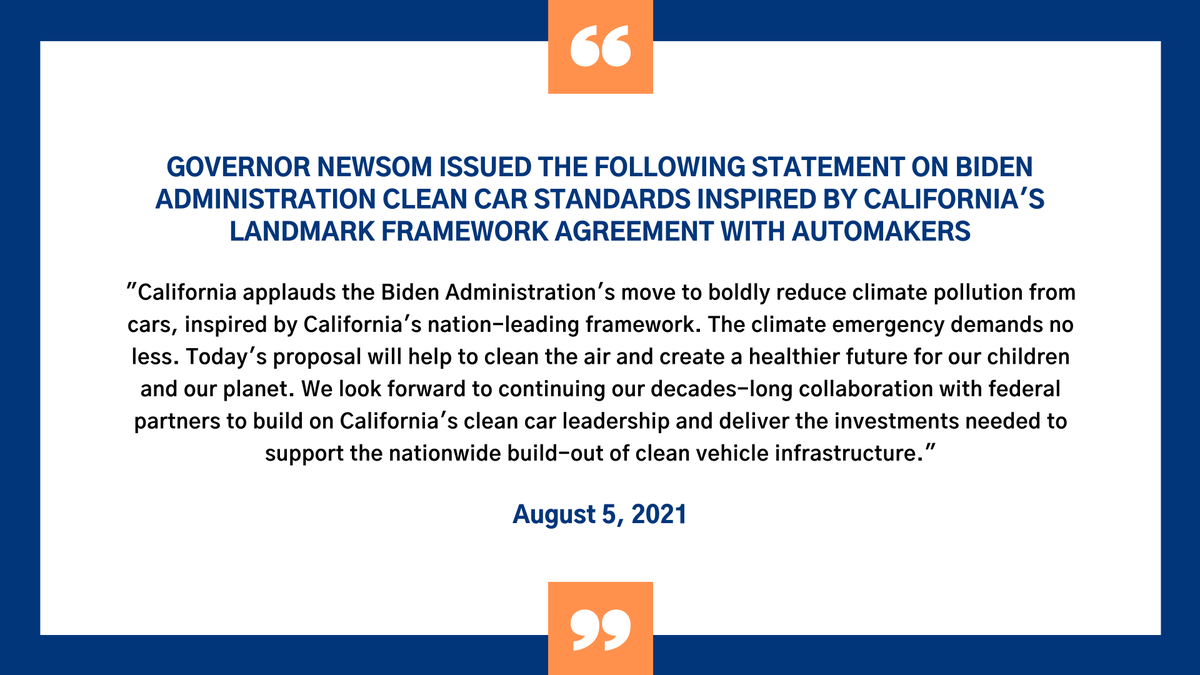 CAgovernor's tweet photo. Last year, CA set a bold and innovative vision for 100% zero-emission car sales by 2035.

Inspired by CA's clean car leadership, the Biden Admin is advancing clean car rules to help create a healthier future for all families and proposing 50% of new car sales be ZEV by 2030. https://t.co/hW9PJNMroc