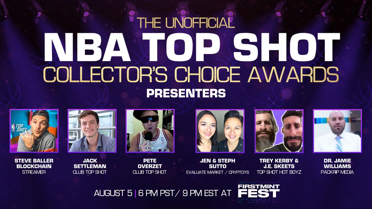 TheFirstMint's tweet photo. TONIGHT📺 9PM ET / 6PM PT

#FirstMintFest ends with a bang💥💥

It's the 🏆UNOFFICIAL NBA TOP SHOT COLLECTOR'S CHOICE AWARDS🏆 presented by @TheFirstMint @PackripMedia @TheMomentNerd 

📢Featuring some of the biggest names in the Top Shot Community💫💫

➡️https://t.co/YHLHcXZZKD https://t.co/y5VPHkl8QK