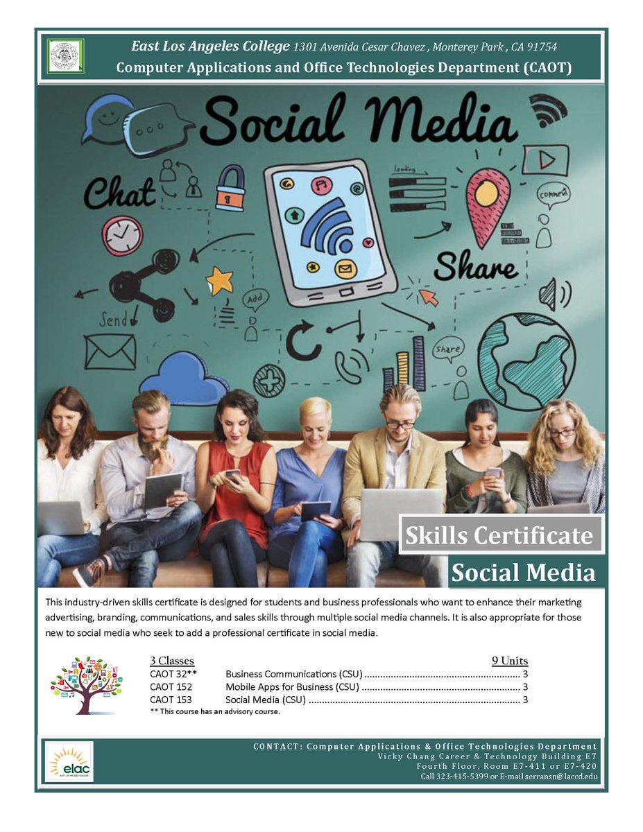 elaccaot's tweet photo. Train to be a Social Media Specialist in One Semester! ELAC's- CAOT Dept. offers 8-week courses, completely online. Fall classes begin August 30, 2021. Register Today! #ELAC.EDU
#WeAreCAOT #SocialMediaSpecialist #ELAC_CAOT https://t.co/QVmSTHjkbq https://t.co/unLOaiBniU