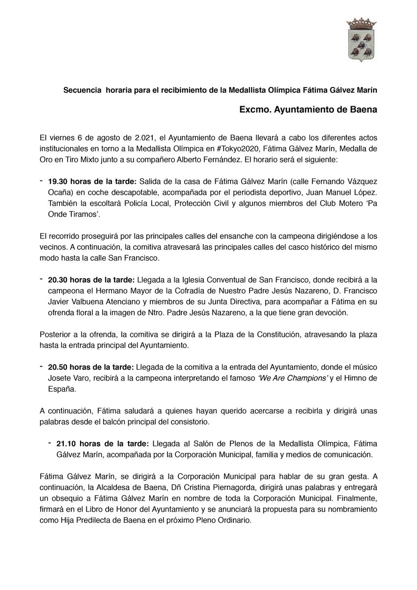 baena_es's tweet photo. #FátimaGálvez Mañana, viernes 6 de agosto de 2.021, el Ayuntamiento de Baena llevará a cabo los diferentes actos institucionales en torno a la Medallista Olímpica en #Tokyo2020, Fátima Gálvez Marín, Medalla de Oro en Tiro Mixto junto a su compañero Alberto Fernández. 

#Gracias. https://t.co/ebPjqS8ttW