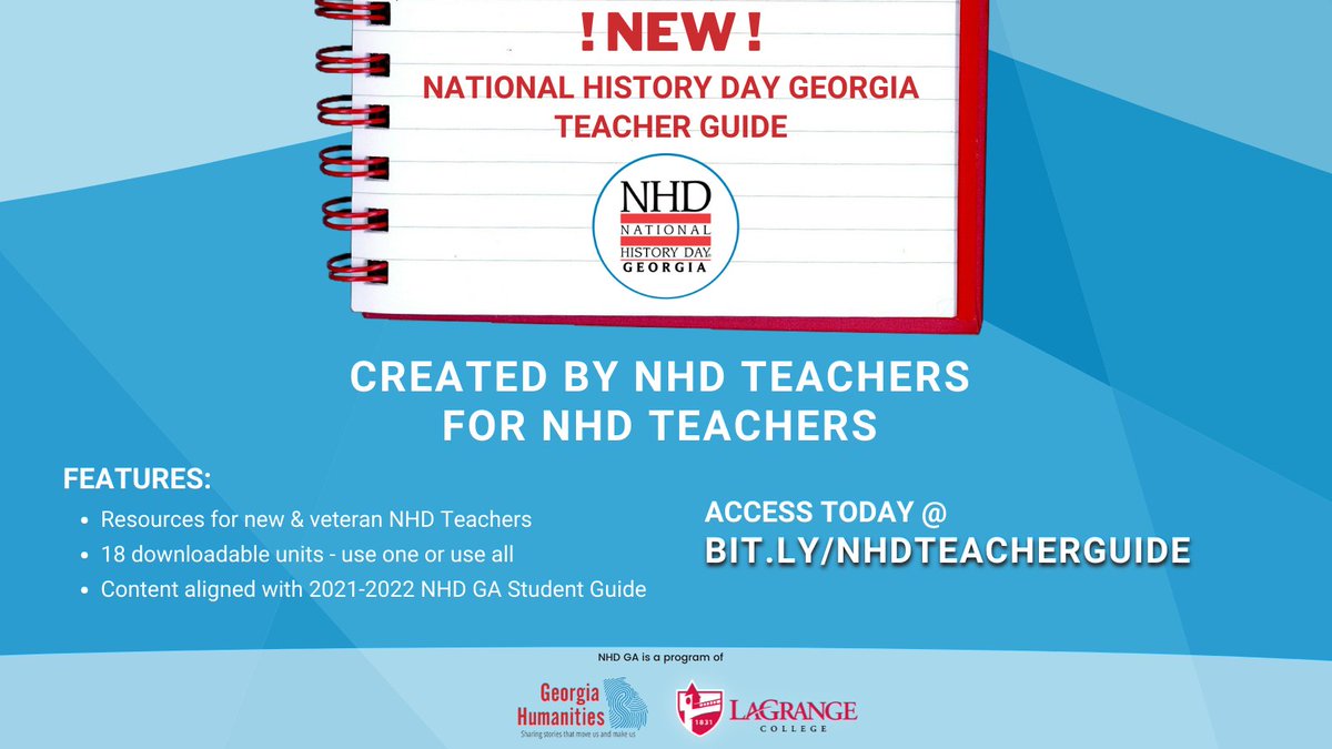 We have a new @NationalHistory resource for you, the NHDGA Teacher Guide!
Access @ bit.ly/nhdteacherguide
Created by NHD Teachers for NHD Teachers, this guide feats:
• Resources for new& veteran NHDTeachers
• 18 downloadable units
• Content aligned w/ 21-22 NHDGA StudentGuide