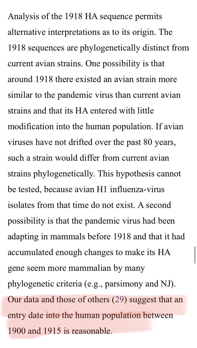 SixandLaura's tweet photo. “A..possibility is that the pandemic virus had been adapting in mammals before 1918. . .
Our data and those of others suggest that an entry date into the human population between 1900 & 1915 is reasonable.”
#phylogenetic #analysis #novel #RNA #virus https://t.co/C2G94zUC3F