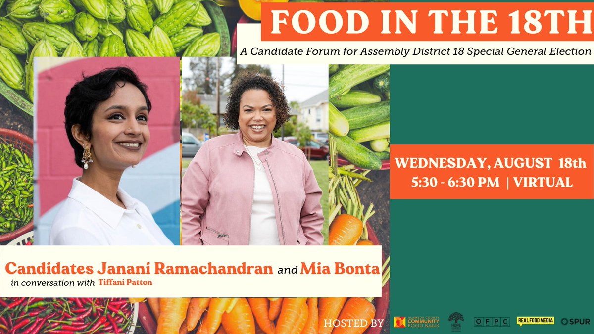 The special election for AD-18 is coming up! Want to learn how the candidates plan to address food/ag issues in our district? Join us at #FoodInThe18th—a candidate forum—to hear from Mia Bonta &amp; Janani Ramachandran. bit.ly/FoodInThe18th  
@miabonta @jananiforCA
Get yr vote on!