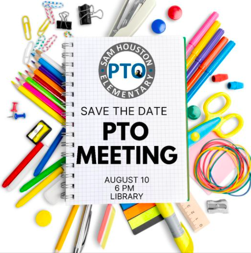 Save the date for our 1st PTO meeting of the 2021-2022 school year! 
👉 Tuesday, August 10th
⏰ 6 PM 
📍Sam Houston Elementary Library 
All parents are welcome to attend. We look forward to a successful school year!