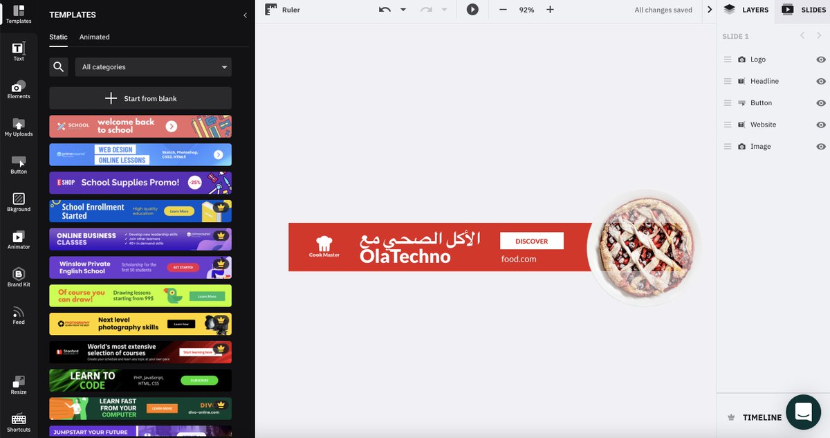 OlaTechno's tweet photo. صمم إعلان تفاعلي🎥بالعربي🇸🇦من بيتك🏡مجاناً😍 
عادة تصاميم الاعلانات،المطبوعات،البراشورات تبدأ من 50 ريال وأكثر ويمكنك الآن تصميم اعلان احترافي مجاناً🔥
توفر المنصة: مقاسات متعددة جاهزة وإضافات تفاعلية للتصميم:روابط/فيديو/صور/نصوص/تحكم كامل بالشكل وال��لوان
https://t.co/rhqo1Cp6vG https://t.co/evg6leRHJo