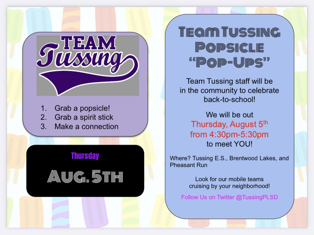 Popsicle Pop-update!  ☺️ From 4:30-5:30 we will be in FRONT of Tussing ES (not on the playground).  Also, watch for us in the Brentwood lakes and Pheasant Run apartment complexes.  Can’t wait to see everyone!!  #teamtussing #plsdproud