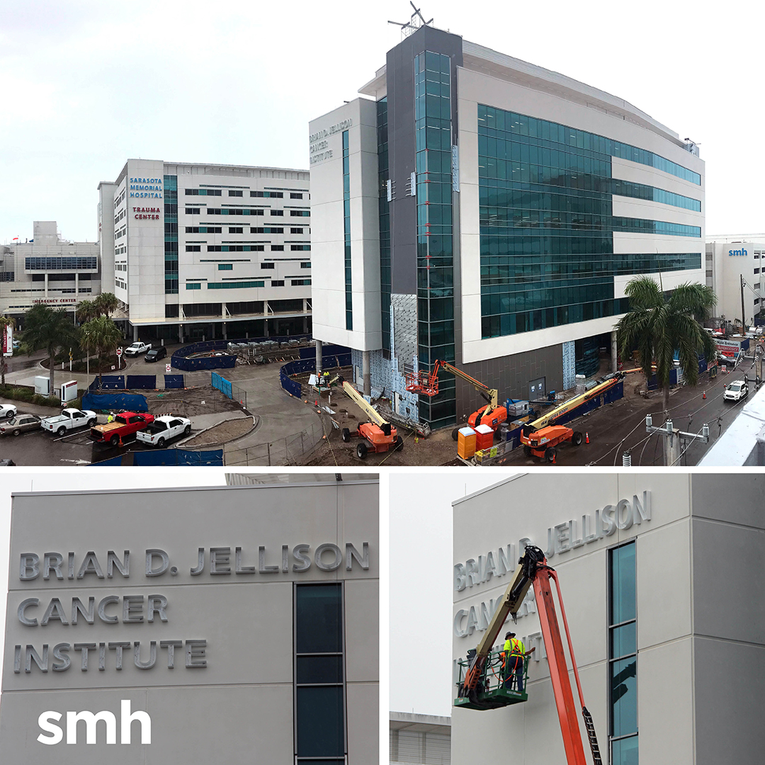 SMHCS's tweet image. 🏗️ With the install of our Brian D. Jellison Cancer Institute sign this week, construction on Sarasota Memorial's state-of-the-art Oncology Tower is one step closer to completion! We look forward to opening the doors this fall. #SignsOfProgress #smhCancerCare #smhNews