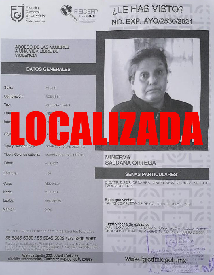 Informamos que la señora Minerva Saldaña ha sido localizada. Ya se encuentra con su familia. Muchas gracias a quienes brindaron su apoyo y solidaridad para encontrarla. 
<a href="/anonopshispano/">Anonymous Hispano</a>